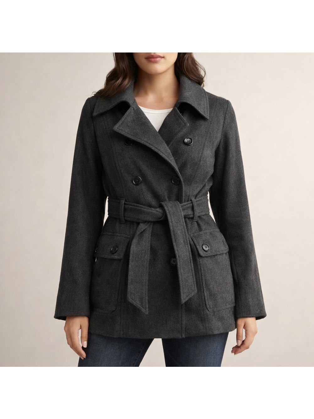 NEW York & Company Pea coat Gray Size Medium Belted and Double Breasted - Picture 1 of 10